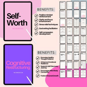 May include: Two digital workbooks with pink and purple covers. The first workbook is titled "Self-Worth" and the second is titled "Cognitive Restructuring". Both workbooks have a list of benefits on the right side of the cover.