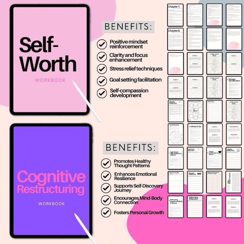 May include: Two digital workbooks with pink and purple covers. The first workbook is titled "Self-Worth" and the second is titled "Cognitive Restructuring". Both workbooks have a list of benefits on the right side of the cover.