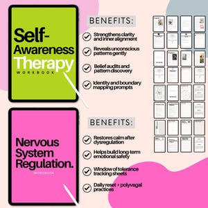 K&ouml;nnte beinhalten: Zwei digitale Arbeitsb&uuml;cher, eines in Limettengr&uuml;n und eines in Pink, mit den Titeln "Self-Awareness Therapy Workbook" und "Nervous System Regulation Workbook". Das Bild listet auch Vorteile wie Klarheit, Musterentdeckung und emotionale Sicherheit auf.