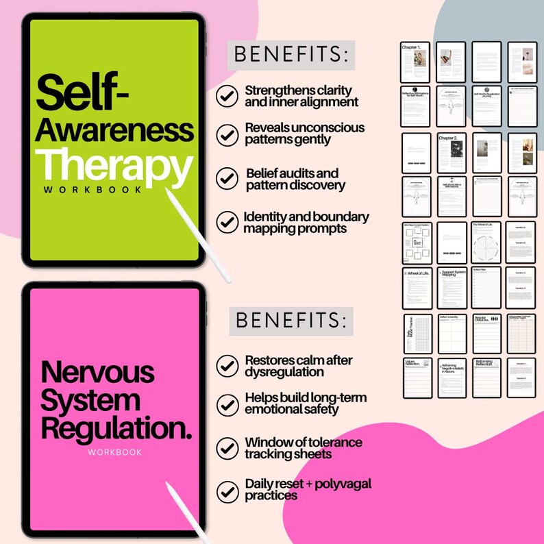 K&ouml;nnte beinhalten: Zwei digitale Arbeitsb&uuml;cher, eines in Limettengr&uuml;n und eines in Pink, mit den Titeln "Self-Awareness Therapy Workbook" und "Nervous System Regulation Workbook". Das Bild listet auch Vorteile wie Klarheit, Musterentdeckung und emotionale Sicherheit auf.