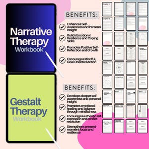 May include: Two digital tablet screens with a pink, yellow, and blue background. The left screen shows the text "Narrative Therapy Workbook" and the right screen shows the text "Gestalt Therapy Workbook". Both screens list benefits of the respective therapies.