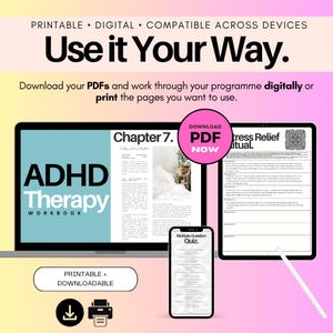 Printable and digital ADHD workbook shown on laptop, tablet and phone, with downloadable PDF worksheets for executive function, productivity, organization, reflection and personal or professional reference.