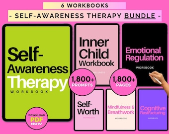 May include: A set of six digital workbooks for self-awareness therapy. The workbooks are titled "Self-Awareness Therapy", "Inner Child Workbook", "Emotional Regulation", "Self-Worth", "Mindfulness & Breathwork", and "Cognitive Restructuring". Each workbook has a different color background and features a title in bold white text. The workbooks are displayed on a pink background.