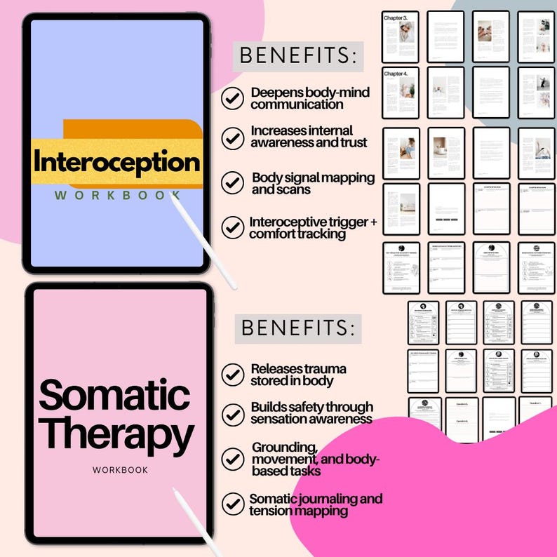 K&ouml;nnte beinhalten: Zwei digitale Arbeitsb&uuml;cher, "Interoception Workbook" und "Somatic Therapy Workbook", werden auf Tablets mit Stiften angezeigt. Das Interoception-Arbeitsbuch hat ein orange-gelbes Design, w&auml;hrend das Somatic Therapy-Arbeitsbuch ein rosa Design hat. Vorteile sind aufgelistet.
