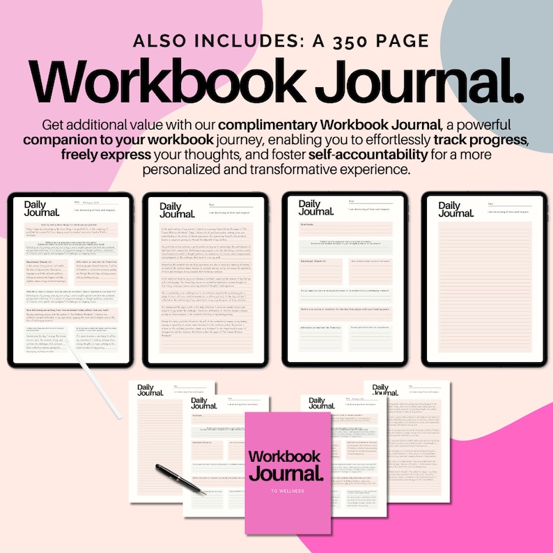 May include: A pink and gray workbook journal with the text "Workbook Journal" in black. The journal is open to a page with the title "Daily Journal" and has lined pages for writing. The journal is surrounded by four other pages with the same title and design.
