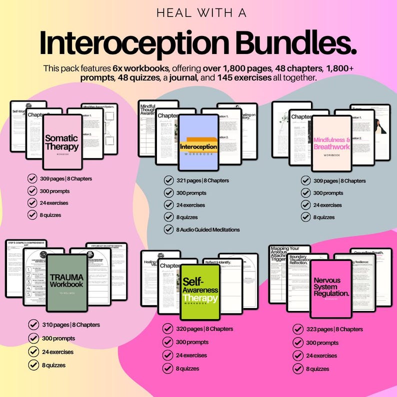 K&ouml;nnte beinhalten: Werbebild f&uuml;r "Interoception Bundles" mit sechs Arbeitsb&uuml;chern. Jedes Arbeitsbuch hat 309-323 Seiten, 8 Kapitel, 300 Prompts, 24 &Uuml;bungen und 8 Quizze. Die Arbeitsb&uuml;cher behandeln Themen wie Somatische Therapie und Nervensystemregulation.