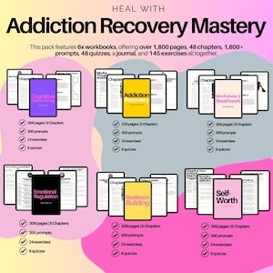 May include: Six workbooks for addiction recovery, each with a colorful cover and a checklist of features: pages, chapters, prompts, exercises, and quizzes. The workbooks cover topics like cognitive restructuring, mindfulness, emotional regulation, resilience building, and self-worth.
