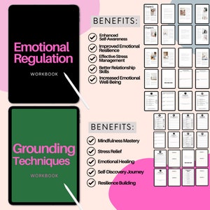 May include: Two digital workbooks with green and black covers. The first workbook is titled "Emotional Regulation Workbook" and lists benefits such as enhanced self-awareness, improved emotional resilience, and effective stress management. The second workbook is titled "Grounding Techniques Workbook" and lists benefits such as mindfulness mastery, stress relief, and emotional healing.