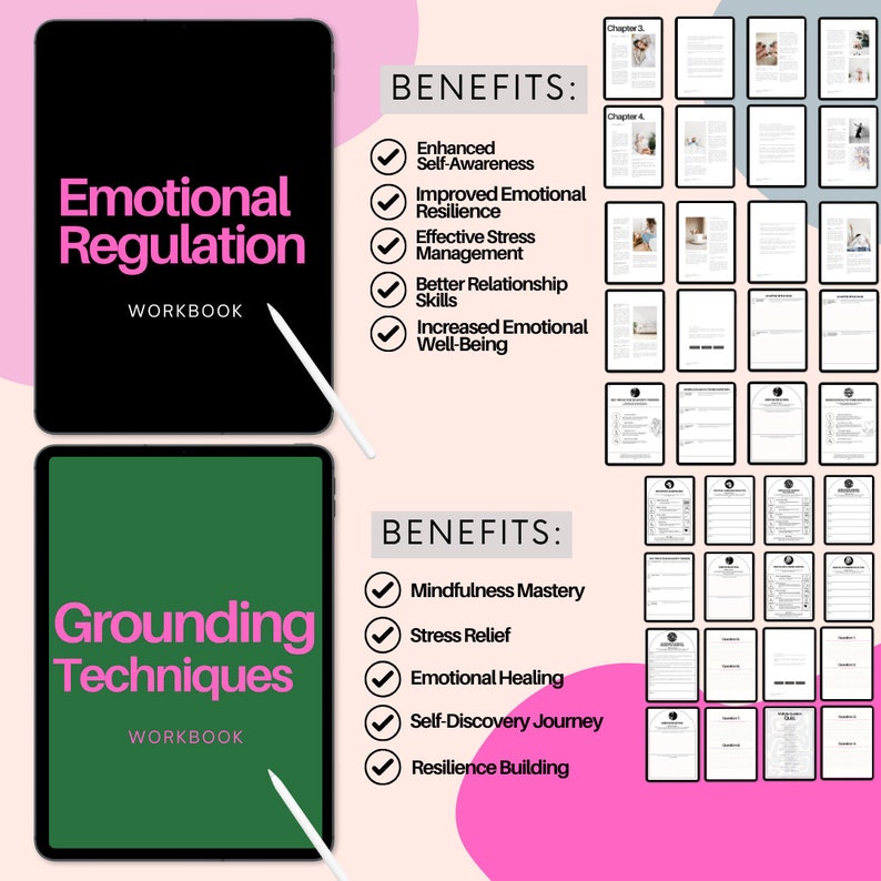 May include: Two digital workbooks with green and black covers. The first workbook is titled "Emotional Regulation Workbook" and lists benefits such as enhanced self-awareness, improved emotional resilience, and effective stress management. The second workbook is titled "Grounding Techniques Workbook" and lists benefits such as mindfulness mastery, stress relief, and emotional healing.