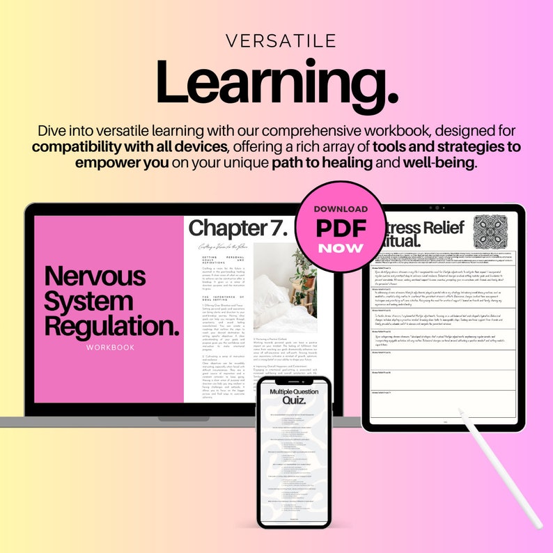 May include: A pink laptop computer with the text "Nervous System Regulation. Workbook" on the screen. The laptop is open to a page titled "Chapter 7."  A pink tablet computer is open to a page titled "Stress Relief Ritual."  A pink smartphone is open to a page titled "Multiple Question Quiz."