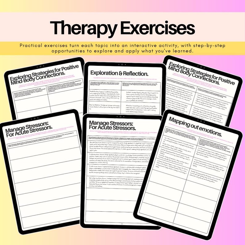Practical therapy workbook exercises with guided activities for emotional regulation, stress management, self-awareness, executive function, reflection and applying concepts to everyday life.