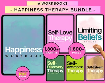 May include: A bundle of six digital workbooks for happiness therapy. The workbooks include titles such as "Happiness Workbook", "Self-Love Therapy", "Limiting Beliefs Therapy", "Self-Discovery Therapy", "Self-Awareness Therapy", and "Self-Esteem Therapy". Each workbook contains over 1,800 prompts or pages.