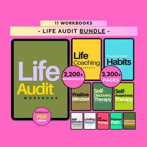 Pode incluir: Um pacote digital de 11 cadernos de exercícios intitulado Life Audit Bundle, apresentando um grande caderno Life Audit verde-oliva e dez cadernos menores e coloridos, incluindo Life Coaching, Creating Good Habits, Positive Mindset e Self-Discovery Therapy.