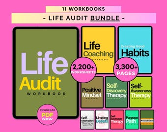 Può includere: Un pacchetto digitale di 11 cartelle di lavoro intitolato Life Audit Bundle, che include una grande cartella di lavoro Life Audit verde oliva e dieci cartelle più piccole e colorate, tra cui Life Coaching, Creating Good Habits, Positive Mindset e Self-Discovery Therapy.