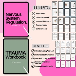 May include: Two digital workbooks, one pink and one green, with the titles "Nervous System Regulation" and "Trauma Workbook." The image lists benefits such as stress relief, emotional balance, and holistic healing. A stylus rests on each tablet.