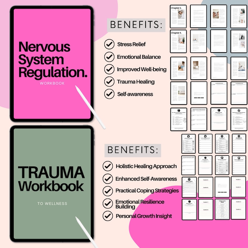 May include: Two digital workbooks, one pink and one green, with the titles "Nervous System Regulation" and "Trauma Workbook." The image lists benefits such as stress relief, emotional balance, and holistic healing. A stylus rests on each tablet.