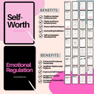 May include: Two digital workbooks, one titled "Self-Worth" with a pink background and the other titled "Emotional Regulation" with a black background. Both workbooks feature a list of benefits and checkmarks.