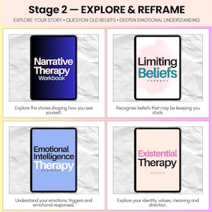 May include: A four-panel graphic titled Stage 2 Explore & Reframe featuring four digital tablet displays. The tablets show covers for Narrative Therapy Workbook, Limiting Beliefs Therapy, Emotional Intelligence Therapy, and Existential Therapy.