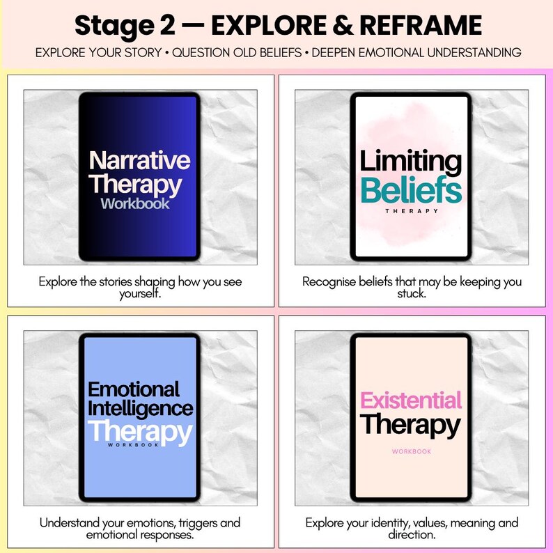 May include: A four-panel graphic titled Stage 2 Explore & Reframe featuring four digital tablet displays. The tablets show covers for Narrative Therapy Workbook, Limiting Beliefs Therapy, Emotional Intelligence Therapy, and Existential Therapy.