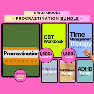 May include: A bundle of six workbooks on a pink background. The workbooks include titles such as "Procrastination Workbook", "CBT Workbook", "Time Management Therapy", "Impulse Control Workbook", "Self-Esteem Therapy", and "ADHD Therapy". The bundle is labeled "Procrastination Bundle".