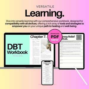 May include: A laptop computer displaying a digital workbook titled "DBT Workbook to Wellness" with a chapter titled "Chapter 7. Setting a Place in the Future". A tablet computer displays a page titled "Stress Relief Ritual" and a smartphone displays a page titled "Multiple Question Quiz".