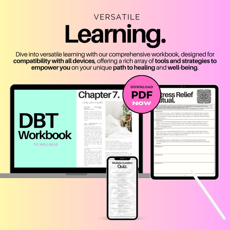 May include: A laptop computer displaying a digital workbook titled "DBT Workbook to Wellness" with a chapter titled "Chapter 7. Setting a Place in the Future". A tablet computer displays a page titled "Stress Relief Ritual" and a smartphone displays a page titled "Multiple Question Quiz".