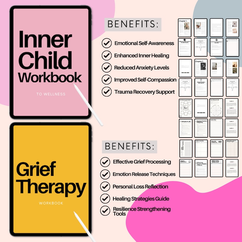 May include: Two digital workbooks are displayed, one pink and one yellow, with the titles "Inner Child Workbook" and "Grief Therapy Workbook." The image lists benefits such as emotional self-awareness and effective grief processing. A stylus is next to each workbook.