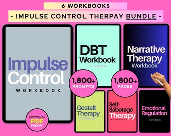 May include: A bundle of six digital workbooks for impulse control therapy. The workbooks include DBT, Narrative Therapy, Gestalt Therapy, Self-Sabotage Therapy, and Emotional Regulation. The workbooks are available as downloadable PDFs. The bundle includes over 1,800 prompts and 1,800 pages.