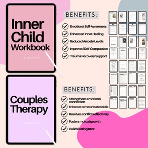 May include: Two pink digital tablet mockups with the text "Inner Child Workbook" and "Couples Therapy Workbook" on them. Each tablet has a list of benefits for the respective workbooks. The benefits for the "Inner Child Workbook" are: Emotional Self-Awareness, Enhanced Inner Healing, Reduced Anxiety Levels, Improved Self-Compassion, and Trauma Recovery Support. The benefits for the "Couples Therapy Workbook" are: Strengthens emotional connection, Enhances communication skills, Resolves conflicts effectively, Fosters mutual growth, and Builds lasting trust.