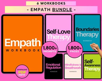 May include: A digital product bundle for empaths, featuring six workbooks with titles like "Self-Love Therapy", "Boundaries Therapy", "Emotional Regulation", "Mindfulness & Breathwork", and "Self-Awareness Therapy". Each workbook includes over 1,800 prompts or pages.