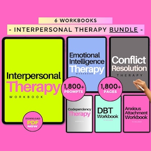 May include: A bundle of six workbooks on a pink background. The workbooks cover topics such as interpersonal therapy, emotional intelligence, conflict resolution, codependency, DBT, and anxious attachment. Each workbook is displayed on a tablet-like device.