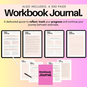 K&ouml;nnte beinhalten: Ein 350-seitiges Workbook Journal mit pinkfarbenem Einband und schwarzem Text. Das Bild zeigt digitale Tablet-Bildschirme und gedruckte Seiten mit der &Uuml;berschrift Daily Journal, die linierte Abschnitte, Aufforderungen und Kontrollk&auml;stchen enthalten.