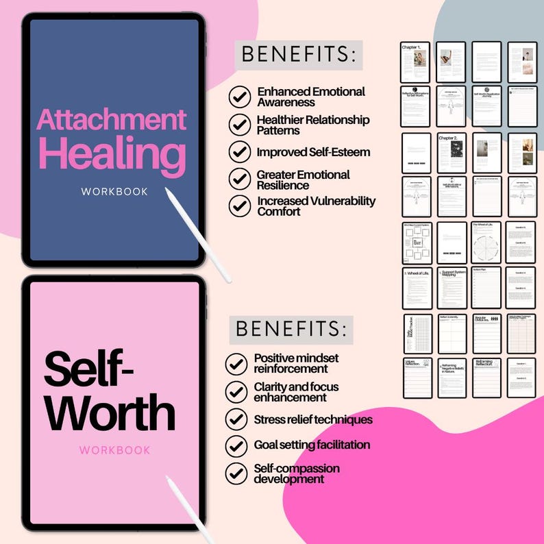 K&ouml;nnte beinhalten: Zwei digitale Arbeitsb&uuml;cher, eines mit dem Titel "Attachment Healing" mit blauem Hintergrund und das andere mit dem Titel "Selbstwertgef&uuml;hl" mit rosa Hintergrund. Beide Arbeitsb&uuml;cher enthalten eine Liste von Vorteilen und H&auml;kchen neben jedem Vorteil.