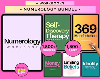 Könnte beinhalten: Auf einem rosa Hintergrund wird ein Numerologie-Bundle mit sechs Arbeitsbüchern präsentiert. Die Arbeitsbücher enthalten Titel wie "Numerology Workbook", "Self-Discovery Therapy" und "369 Manifestation". Das Bundle enthält über 1.800 Prompts und Seiten. Ein "PDF jetzt herunterladen"-Button ist sichtbar.
