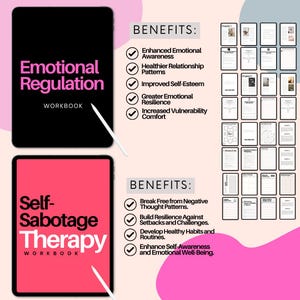 May include: Two pink and black workbooks with the titles "Emotional Regulation Workbook" and "Self-Sabotage Therapy Workbook". Each workbook has a list of benefits with checkmarks next to each item.