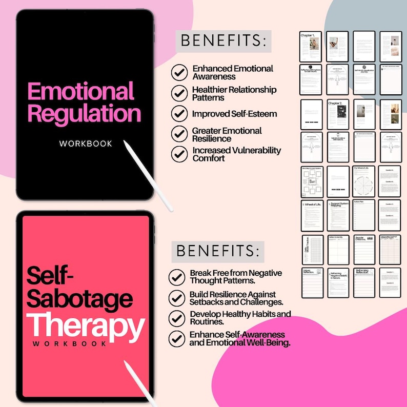 May include: Two pink and black workbooks with the titles "Emotional Regulation Workbook" and "Self-Sabotage Therapy Workbook". Each workbook has a list of benefits with checkmarks next to each item.