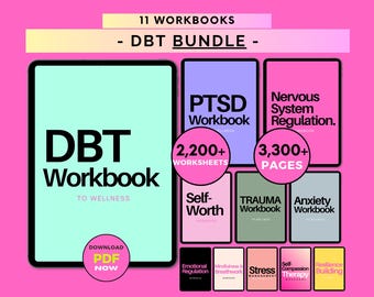 Könnte beinhalten: Ein digitales Bündel von 11 Arbeitsbüchern auf leuchtend rosa Hintergrund. Das Hauptarbeitsbuch ist hellgrün mit schwarzem Text DBT Workbook To Wellness. Weitere Titel sind PTSD, Nervous System Regulation, Self-Worth, Trauma und Anxiety.