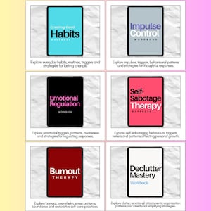 Executive function workbook collection featuring Habits, Impulse Control, Emotional Regulation, Self-Sabotage, Burnout and Declutter workbooks with guided worksheets and practical exercises.