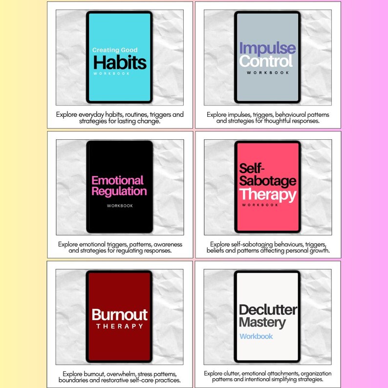 Executive function workbook collection featuring Habits, Impulse Control, Emotional Regulation, Self-Sabotage, Burnout and Declutter workbooks with guided worksheets and practical exercises.