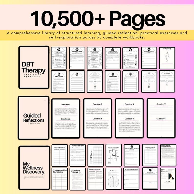 35-workbook ADHD and executive function digital library with 10,500+ pages of structured learning, guided reflections, practical exercises, worksheets and self-exploration resources.
