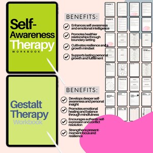 May include: Digital workbooks for self-awareness and Gestalt therapy. The "Self-Awareness Therapy Workbook" is lime green with white text. The "Gestalt Therapy Workbook" is light blue with white text. Benefits are listed with checkmarks.