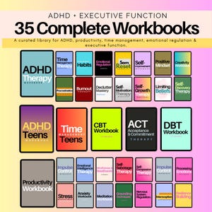 35 ADHD and executive function workbook library with ADHD worksheets, productivity, time management, procrastination, habits, emotional regulation, CBT, DBT and ACT digital therapy resources.