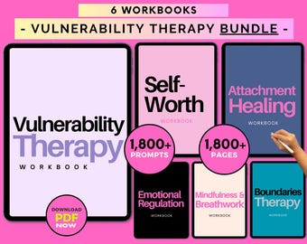 May include: A digital product bundle of six workbooks focused on vulnerability therapy. The workbooks include titles such as "Self-Worth", "Attachment Healing", "Emotional Regulation", "Mindfulness & Breathwork", and "Boundaries Therapy". The bundle includes over 1,800 prompts and 1,800 pages of content.