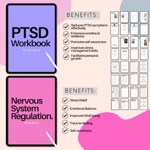 May include: Two digital workbooks with pink and purple backgrounds. The left workbook is titled "PTSD Workbook to Wellness" and lists benefits such as "Reduces PTSD symptoms effectively" and "Enhances emotional resilience". The right workbook is titled "Nervous System Regulation Workbook" and lists benefits such as "Stress Relief" and "Emotional Balance".