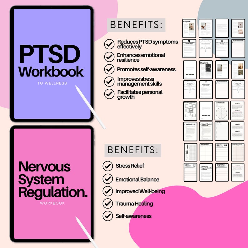 May include: Two digital workbooks with pink and purple backgrounds. The left workbook is titled "PTSD Workbook to Wellness" and lists benefits such as "Reduces PTSD symptoms effectively" and "Enhances emotional resilience". The right workbook is titled "Nervous System Regulation Workbook" and lists benefits such as "Stress Relief" and "Emotional Balance".