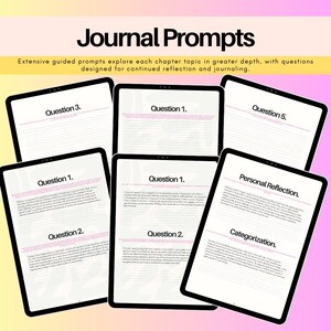 Guided journal prompts and reflection pages from the ADHD workbook library, designed to explore thoughts, emotions, habits, executive function, self-awareness and everyday experiences.