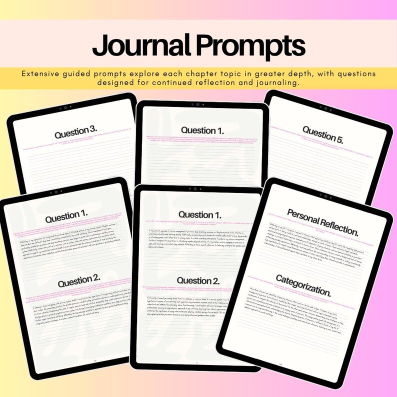 Guided journal prompts and reflection pages from the ADHD workbook library, designed to explore thoughts, emotions, habits, executive function, self-awareness and everyday experiences.