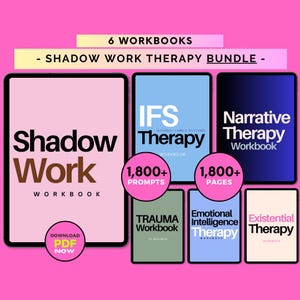 Pode incluir: Um pacote de seis cadernos de exercícios para terapia de trabalho de sombra. Os cadernos incluem títulos como "Shadow Work Workbook", "IFS Therapy Workbook" e "Narrative Therapy Workbook". A imagem também inclui o texto "1,800+ prompts" e "1,800+ pages".