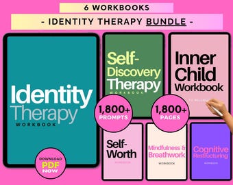 May include: A digital product bundle of six workbooks for identity therapy. The workbooks are titled "Identity Therapy", "Self-Discovery Therapy", "Inner Child Workbook", "Self-Worth", "Mindfulness & Breathwork", and "Cognitive Restructuring". The workbooks are displayed on a pink background.
