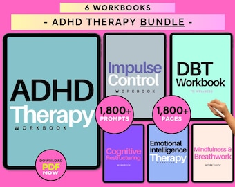 Può includere: Un pacchetto digitale di 6 quaderni di esercizi per la terapia ADHD su tablet. I titoli includono ADHD Therapy, Impulse Control, DBT Workbook, Cognitive Restructuring, Emotional Intelligence Therapy e Mindfulness & Breathwork. Include oltre 1800 pagine e prompt.